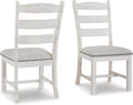 Set of 2 Farmhouse Ladderback Dining Chairs, Upholstered Linen Seat, Distressed Vintage White Wood Frame, Nailhead Trim, Rustic Cottage Kitchen & Dining Room Chairs