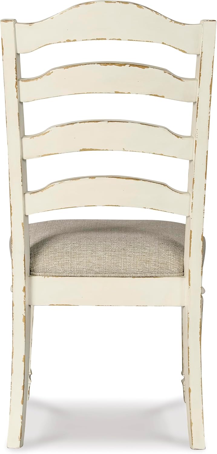 Set of 2 French Country Ladderback Dining Chairs, Distressed White Wood Finish, Upholstered Cushioned Seat, Farmhouse Cottage Kitchen Chairs