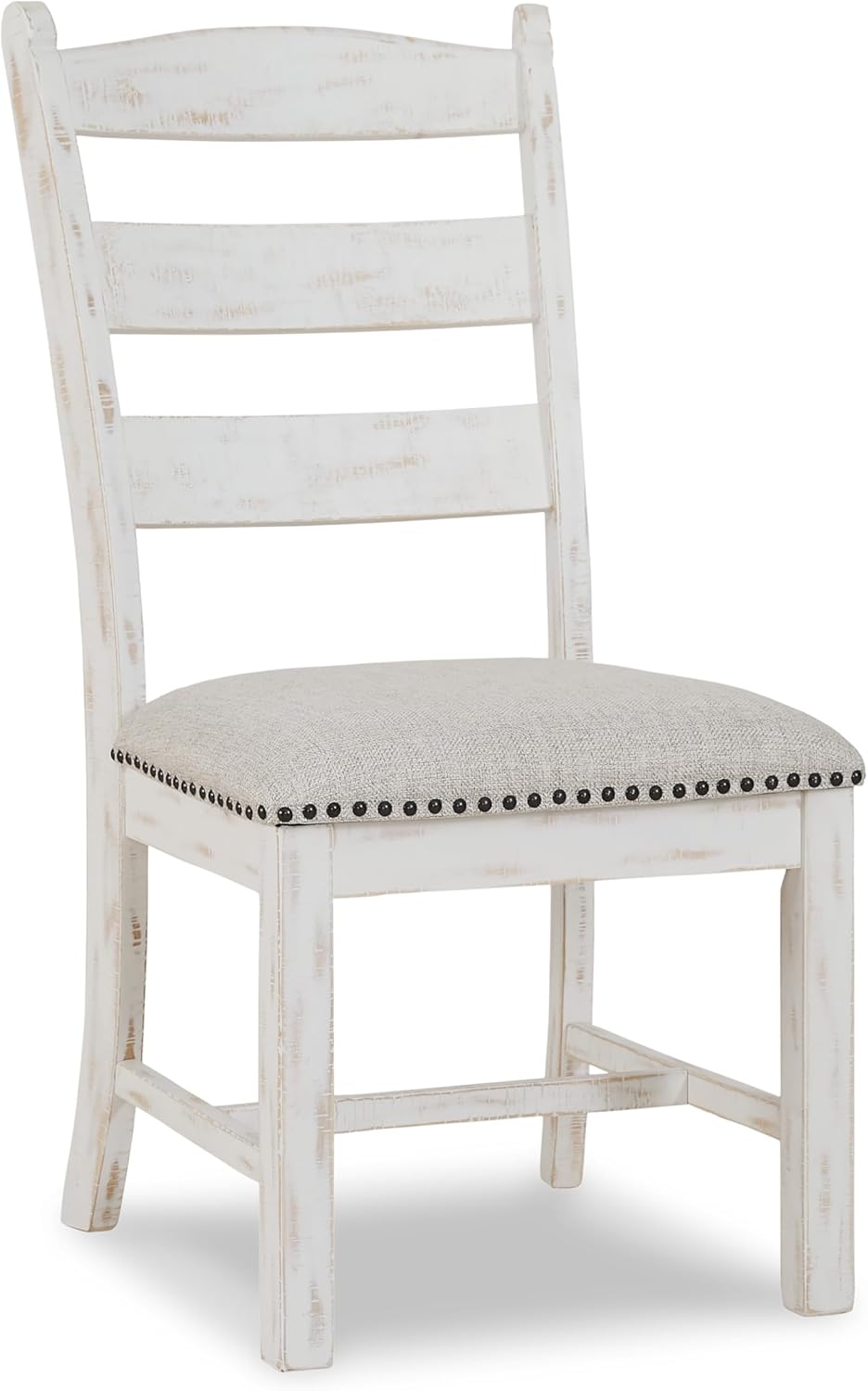 Set of 2 Farmhouse Ladderback Dining Chairs, Upholstered Linen Seat, Distressed Vintage White Wood Frame, Nailhead Trim, Rustic Cottage Kitchen & Dining Room Chairs