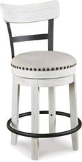 Counter Height Rustic Farmhouse Swivel Bar Stool with Upholstered Linen Seat, Vintage White Wood & Black Metal Frame, Nailhead Trim, 360-Degree Swivel Kitchen Stool
