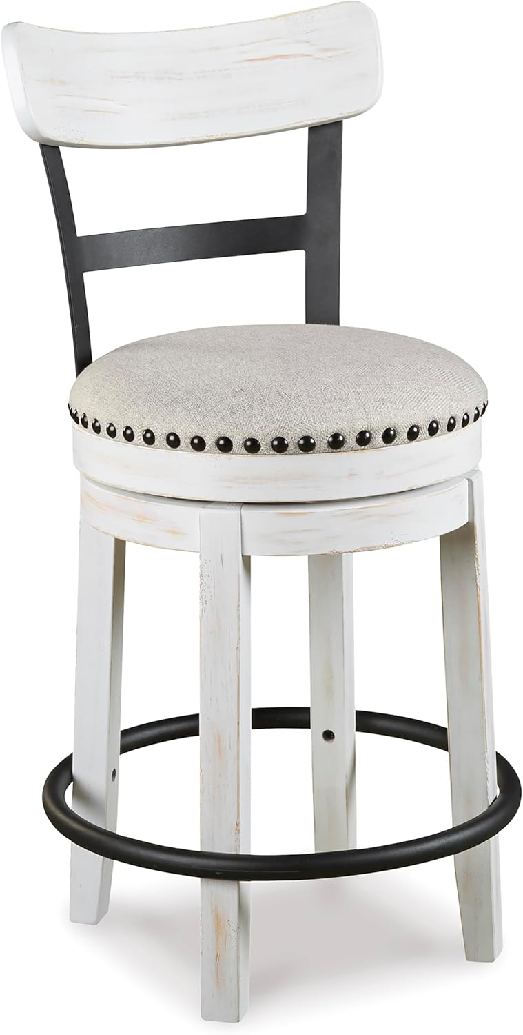 Counter Height Rustic Farmhouse Swivel Bar Stool with Upholstered Linen Seat, Vintage White Wood & Black Metal Frame, Nailhead Trim, 360-Degree Swivel Kitchen Stool