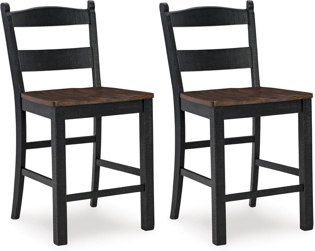 Set of 2 Rustic Cottage Counter Height Bar Stools, Two-Tone Wood Barstool Chairs with Contoured Seat, Distressed Black Frame & Brown Pine Seat, Farmhouse Kitchen Island Seating