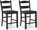 Set of 2 Rustic Cottage Counter Height Bar Stools, Two-Tone Wood Barstool Chairs with Contoured Seat, Distressed Black Frame & Brown Pine Seat, Farmhouse Kitchen Island Seating