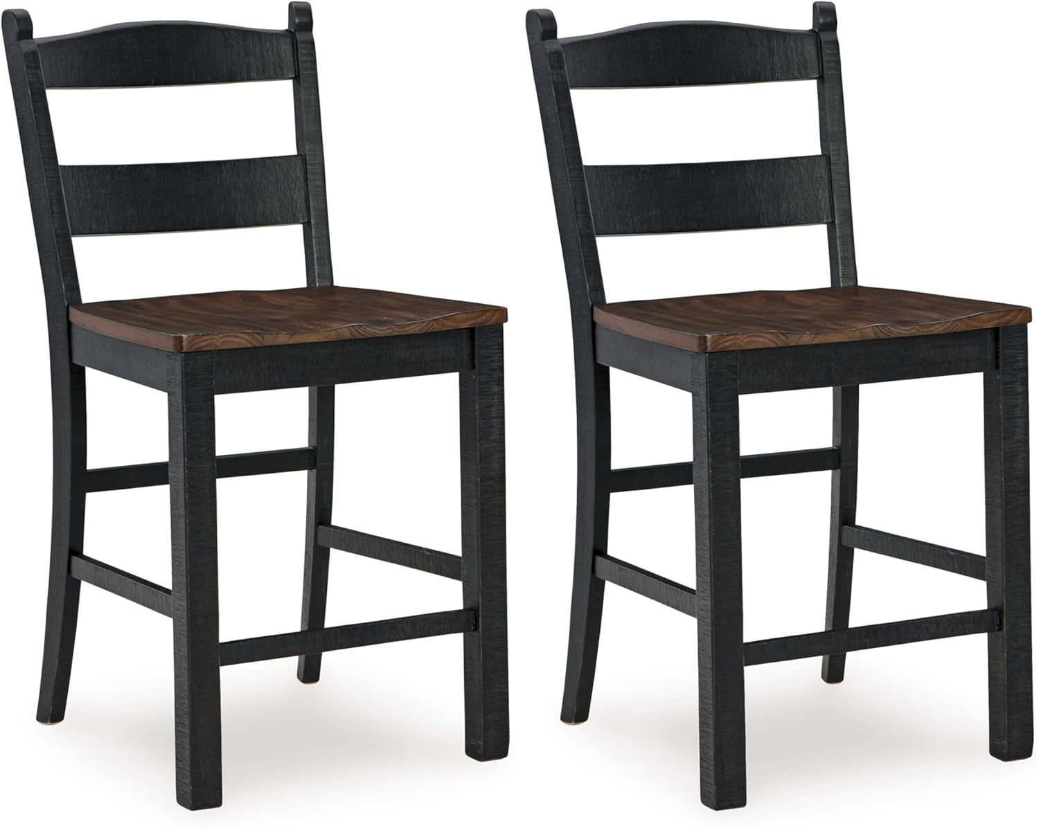 Set of 2 Rustic Cottage Counter Height Bar Stools, Two-Tone Wood Barstool Chairs with Contoured Seat, Distressed Black Frame & Brown Pine Seat, Farmhouse Kitchen Island Seating