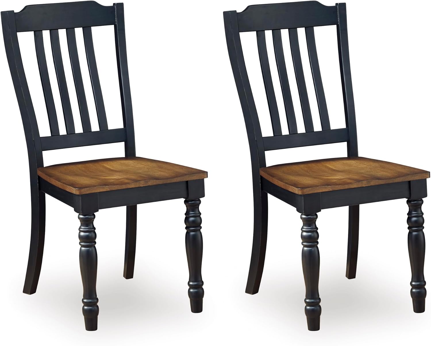 Set of 2 Farmhouse Dining Chairs with Slat Back, Solid Wood Frame, Two-Tone Black & Brown Finish, Contoured Seat, Adjustable Levelers, Country Style Kitchen & Dining Room Chairs