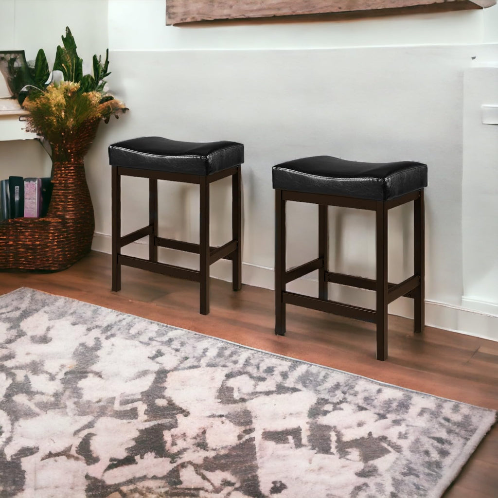 24" Black Bar Stools, Counter Height Stools Set of 2, Faux Leather Kitchen Bar Stools for Island, Backless Bar Stools for Kitchen Counter, Saddle Barstool
