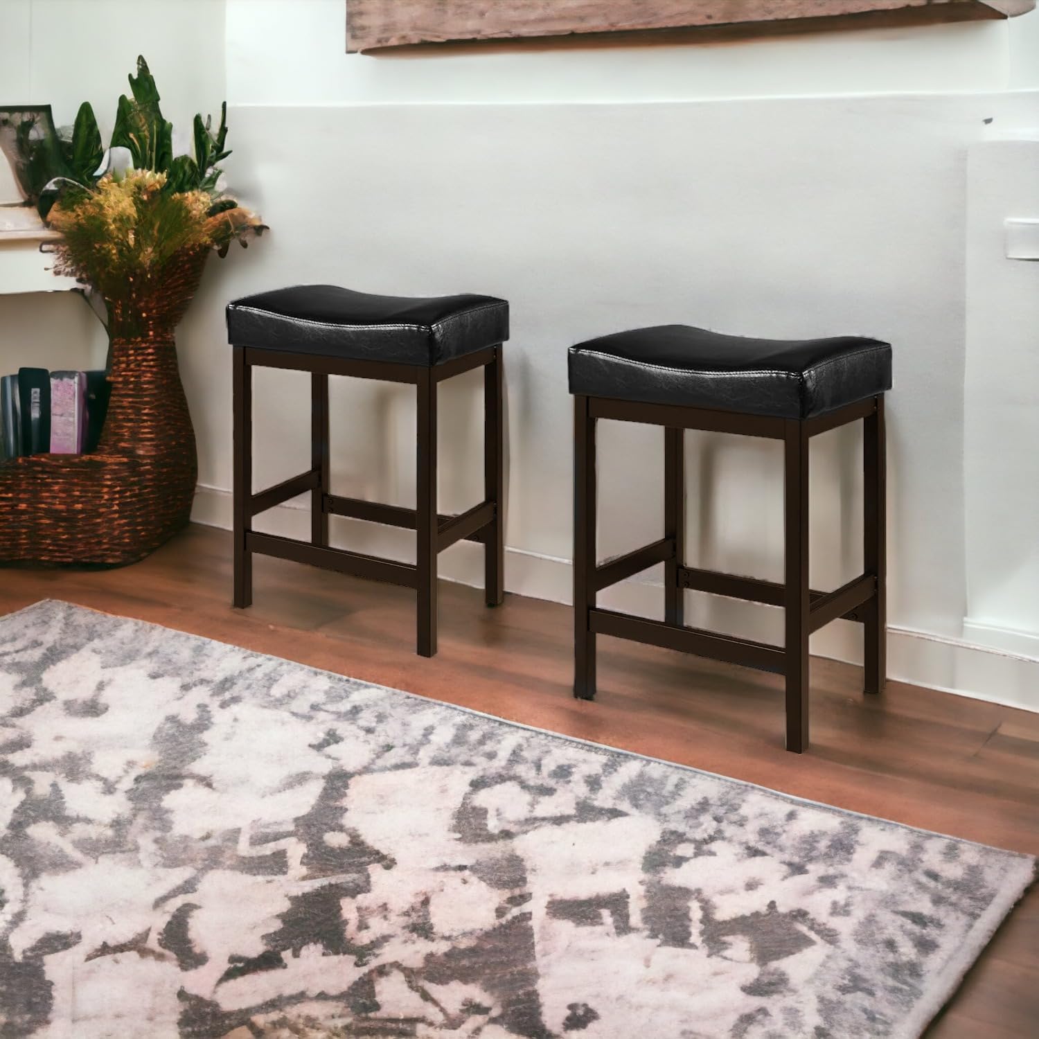 24" Black Bar Stools, Counter Height Stools Set of 2, Faux Leather Kitchen Bar Stools for Island, Backless Bar Stools for Kitchen Counter, Saddle Barstool