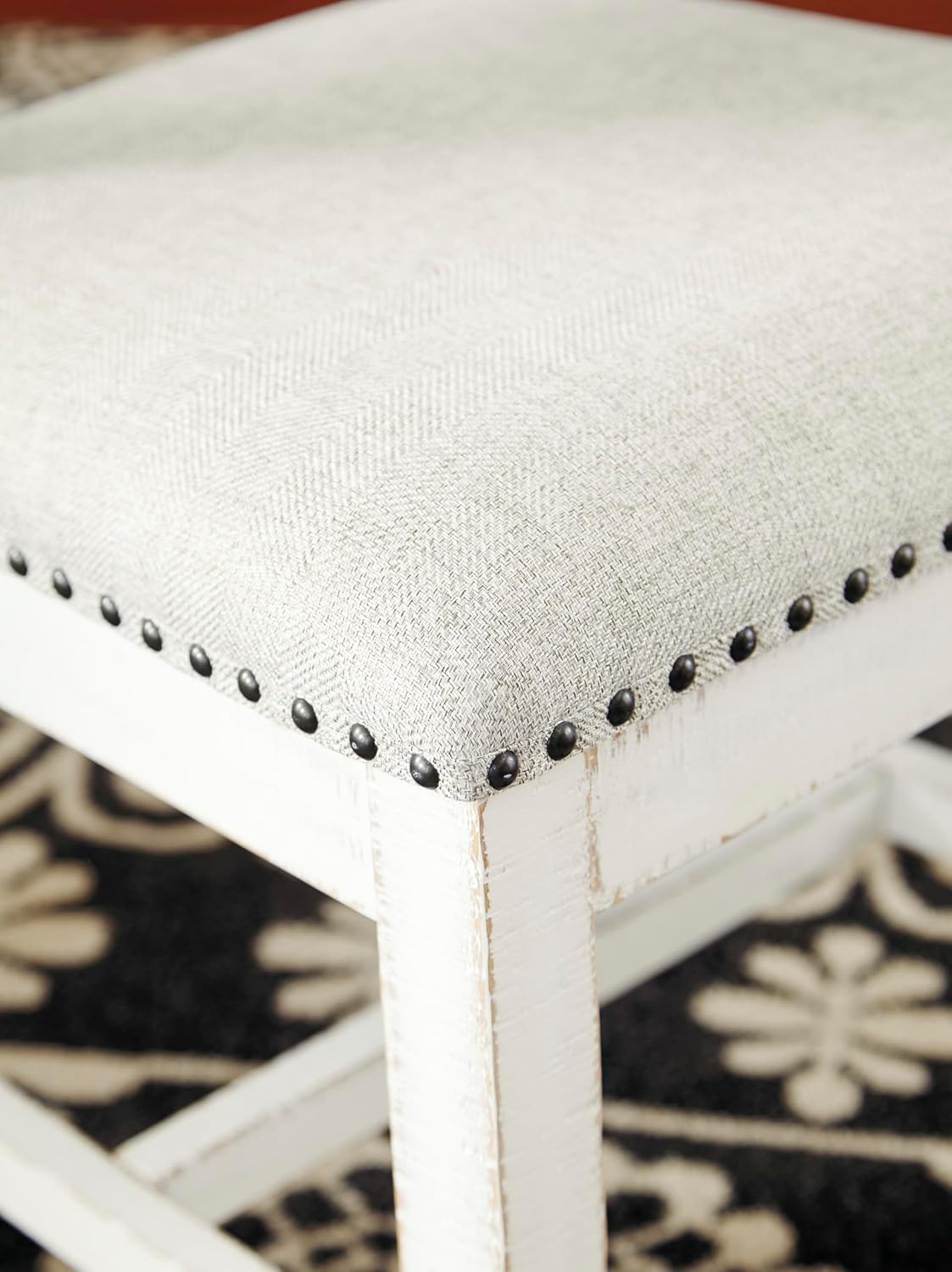 Set of 2 Farmhouse Ladderback Dining Chairs, Upholstered Linen Seat, Distressed Vintage White Wood Frame, Nailhead Trim, Rustic Cottage Kitchen & Dining Room Chairs