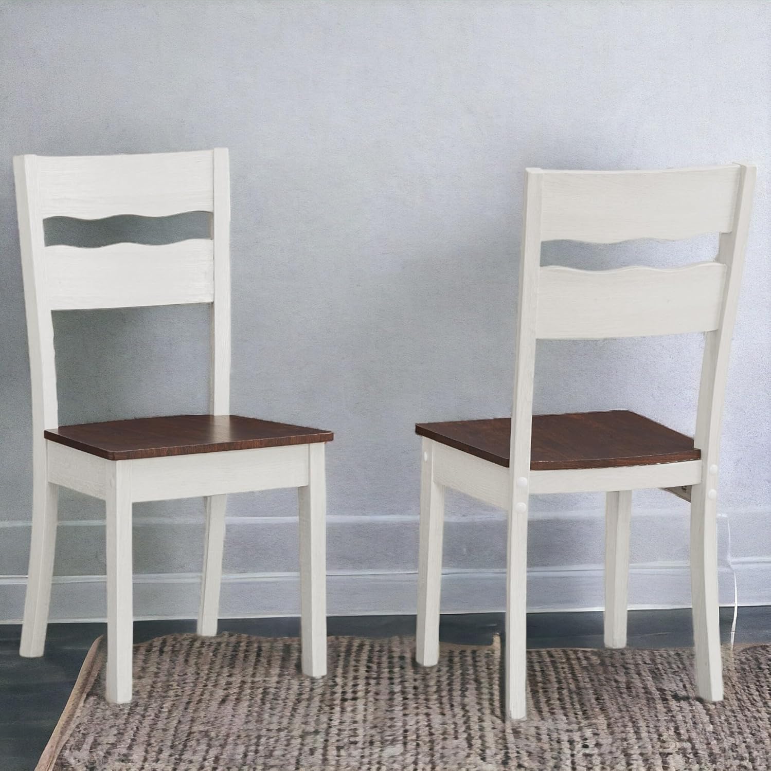 Wood Farmhouse Dining Chairs, Set of 4 Dining Room Chairs with Solid Rubber Wood Legs, Two Tone White/Brown (White/Brown, Set of 4)