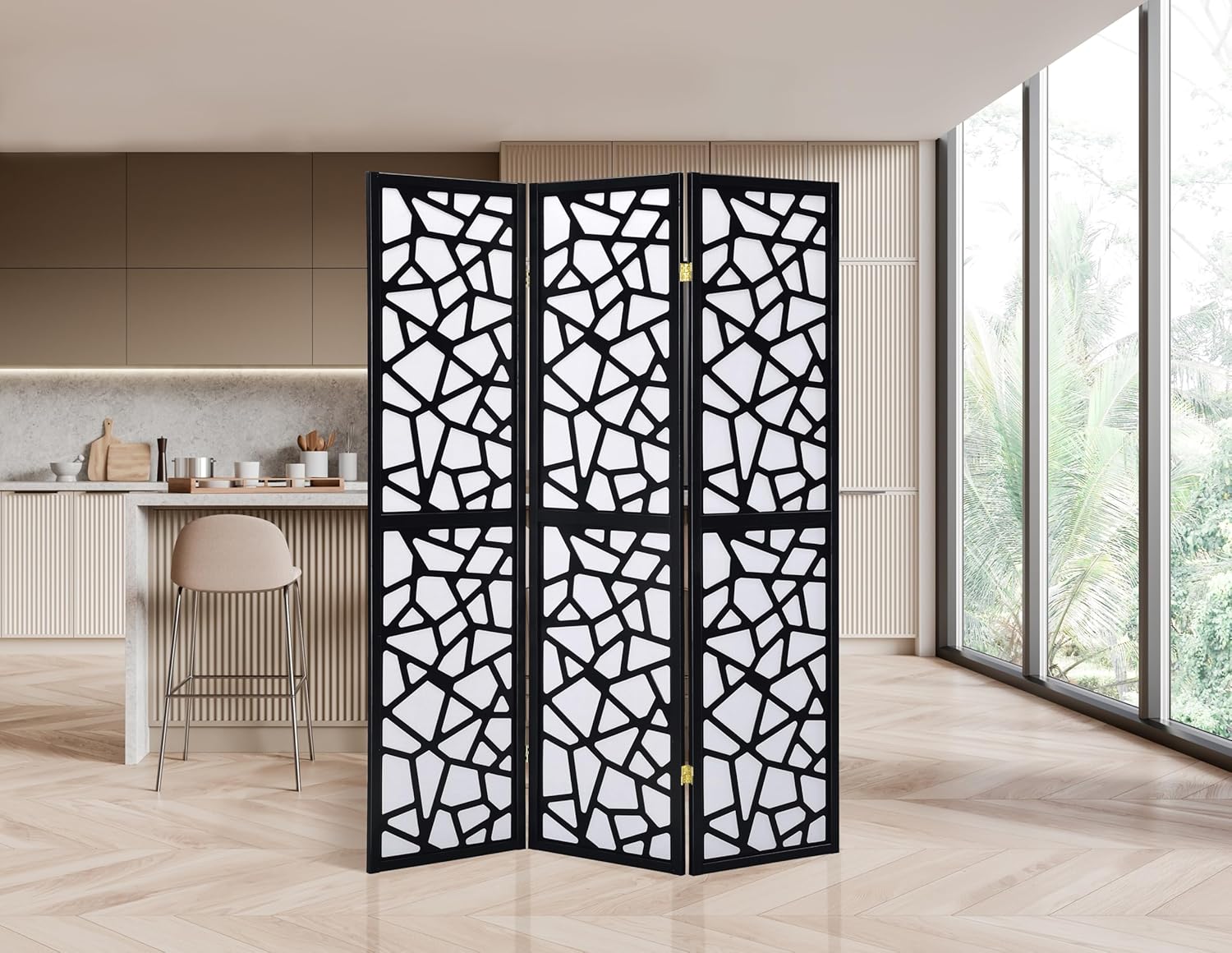 3 Panels Room Divider Privacy Screen Shoji Divider 6ft High Japanese Style Privicy Room Divider (Geometric Black, 3 Panels)