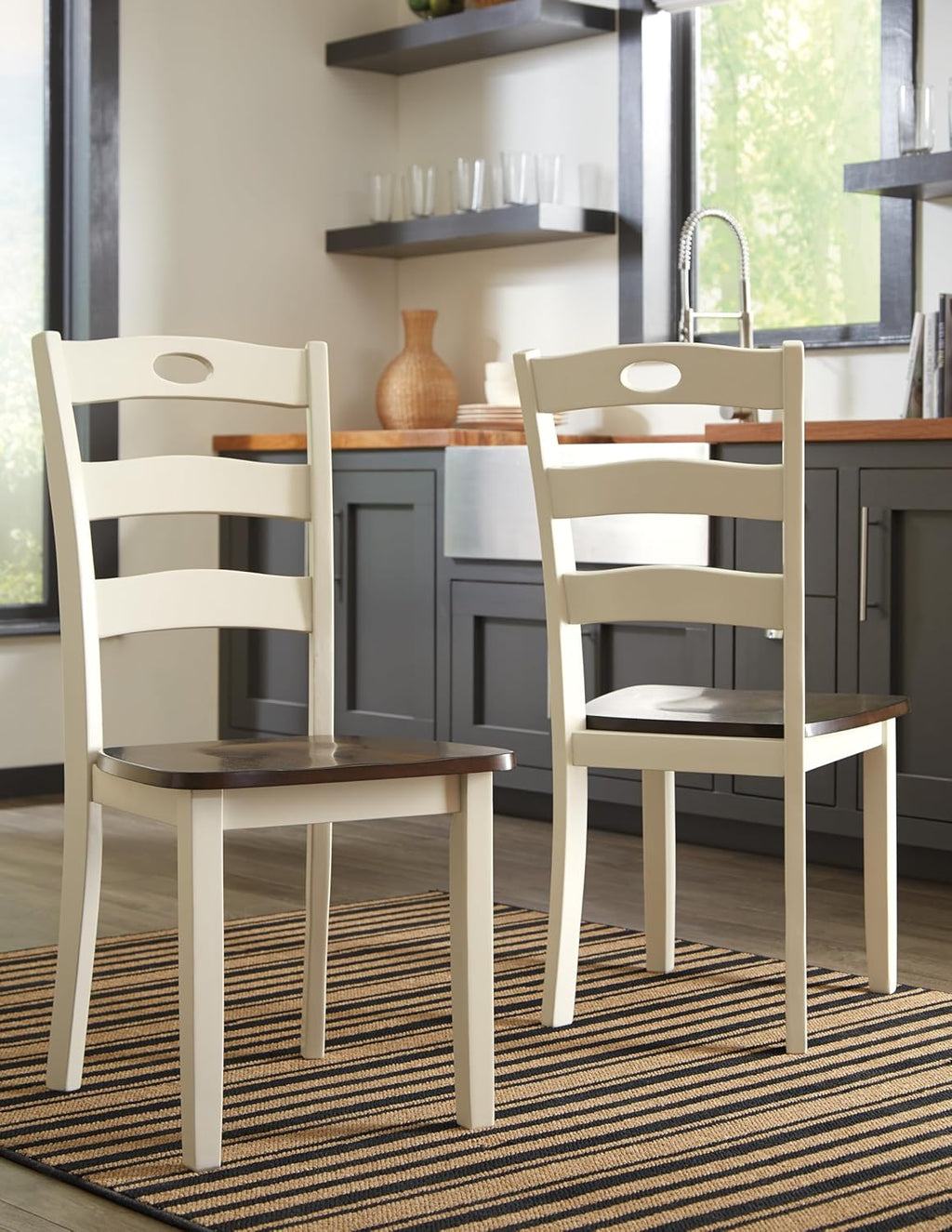 Set of 2 Cottage Farmhouse Dining Chairs, Two-Tone Cream & Brown Wood Side Chairs with Pierced Ladder Back, Contoured Seat Kitchen Dining Room Chairs