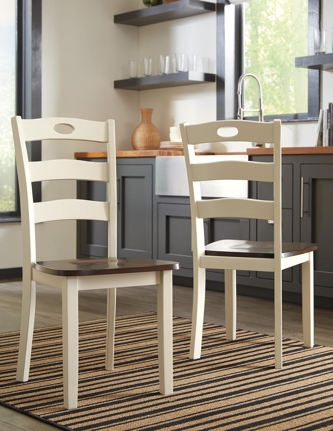 Set of 2 Cottage Farmhouse Dining Chairs, Two-Tone Cream & Brown Wood Side Chairs with Pierced Ladder Back, Contoured Seat Kitchen Dining Room Chairs