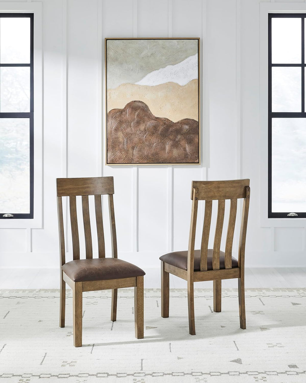 Set of 2 Casual Dining Room Side Chairs, Light Brown Wood Finish with Faux Leather Cushioned Seat, Solid Wood Frame Kitchen Chairs for Dining Table, Farmhouse Transitional Style