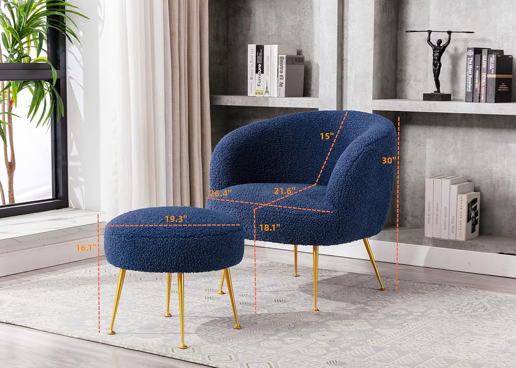 Accent Chairs for Living Room with Ottoman, Faux Sherpa Upholstered and Golden Metal Legs (Navy Blue)