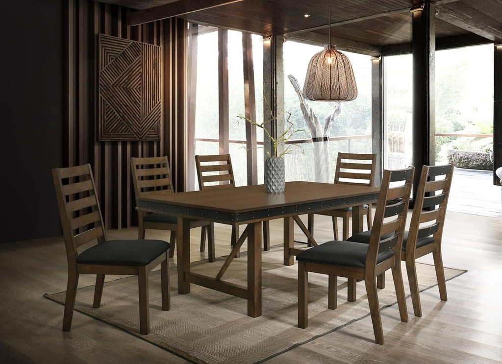 7-Piece Dining Table Set, Dining Set for 6 with Nail Head Trim Edge in Brown/Grey Finish