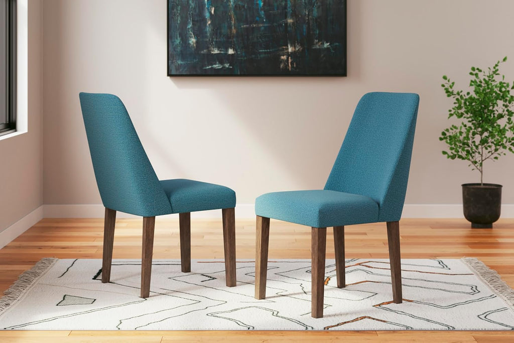 Set of 2 Mid-Century Modern Dining Chairs, Upholstered Blue Cushion Seat, Solid Wood Frame, Casual Contemporary Kitchen & Dining Room Side Chairs, Medium Brown Finish