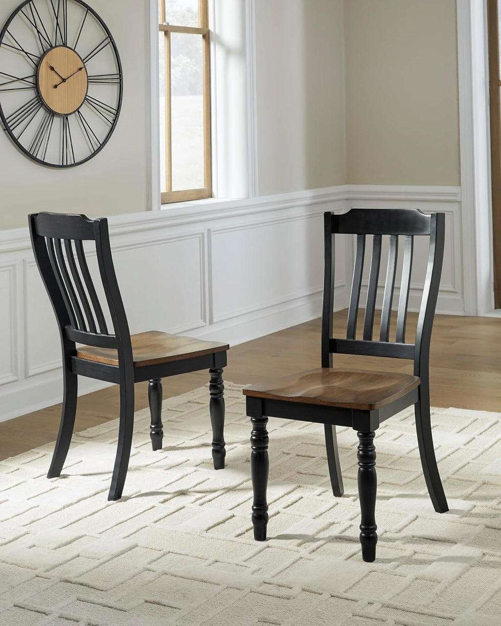 Set of 2 Farmhouse Dining Chairs with Slat Back, Solid Wood Frame, Two-Tone Black & Brown Finish, Contoured Seat, Adjustable Levelers, Country Style Kitchen & Dining Room Chairs