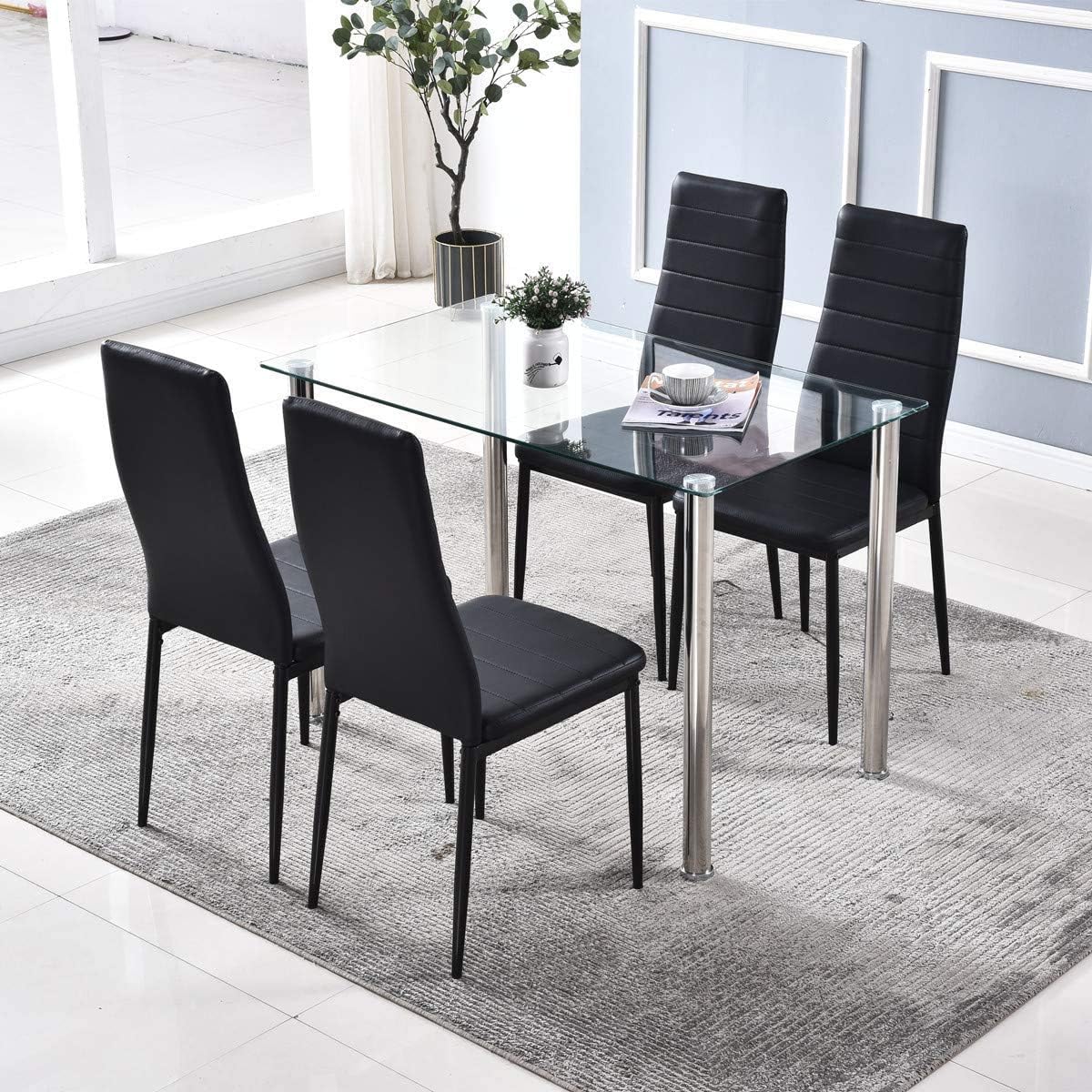 Dining Chairs Set of 4, Metal Legs PU Leather High Back Dining Chair, Padded Upholstered Seat Kitchen Contemporary Chair Metal Chairs (Set of 4) (Black PU Leather Metal Legs)