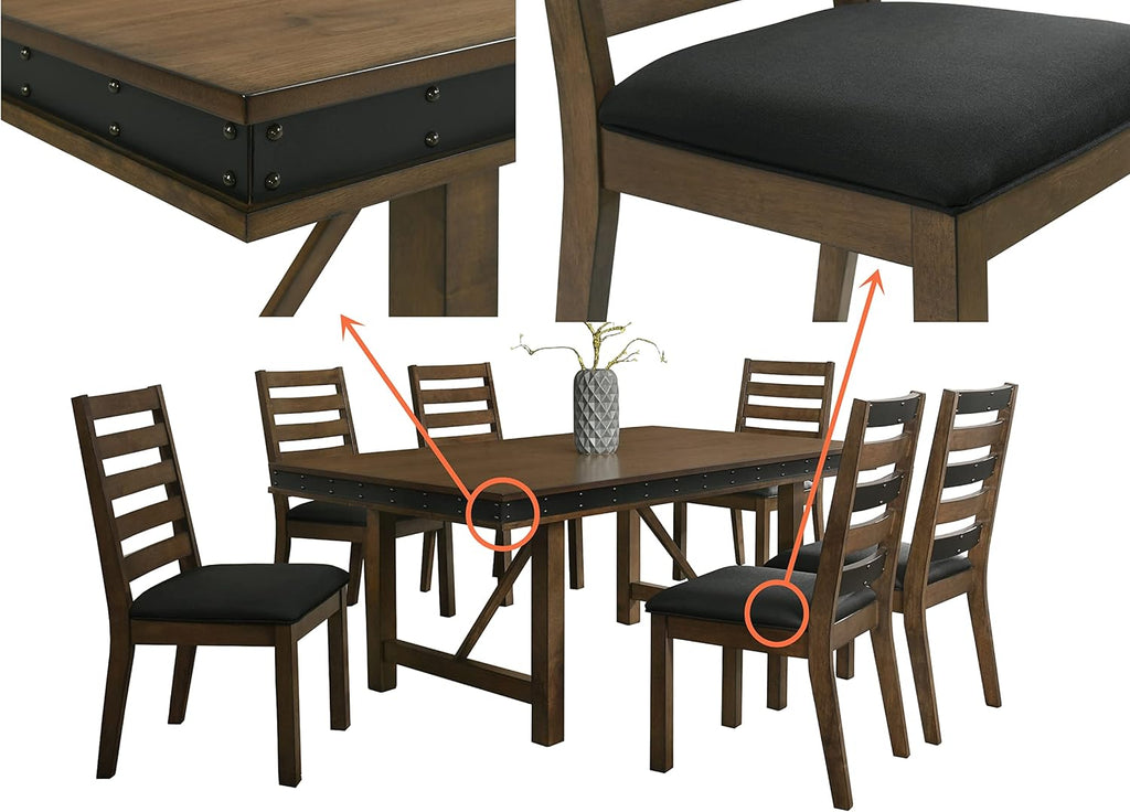 7-Piece Dining Table Set, Dining Set for 6 with Nail Head Trim Edge in Brown/Grey Finish