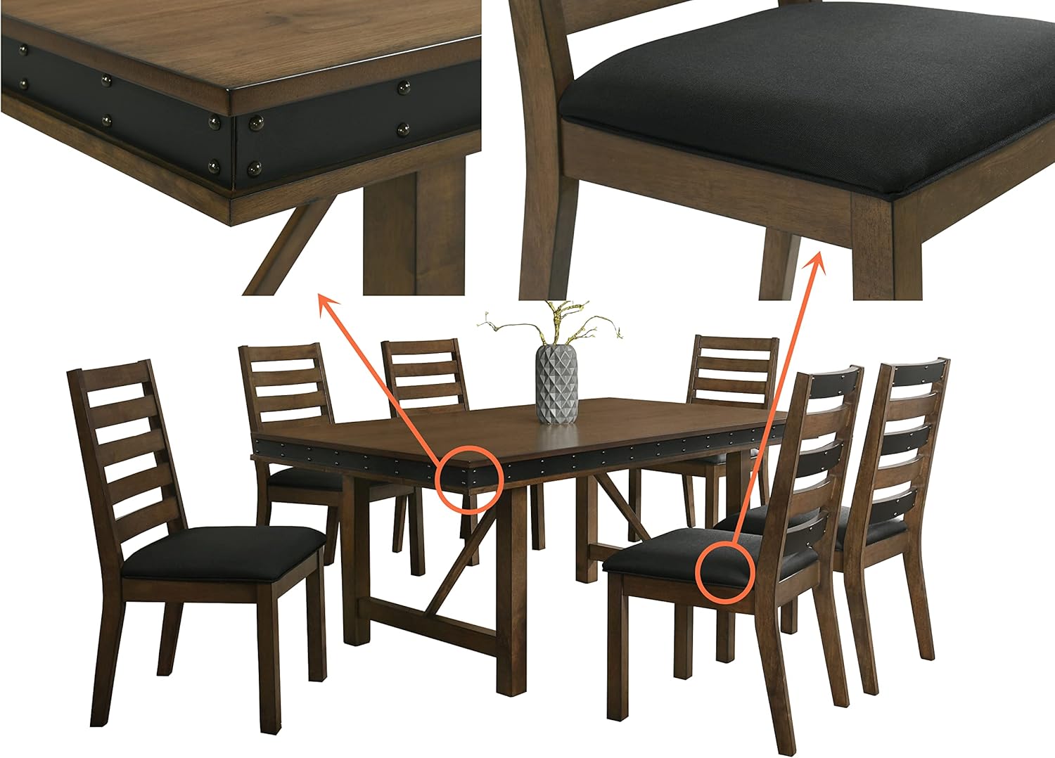 7-Piece Dining Table Set, Dining Set for 6 with Nail Head Trim Edge in Brown/Grey Finish