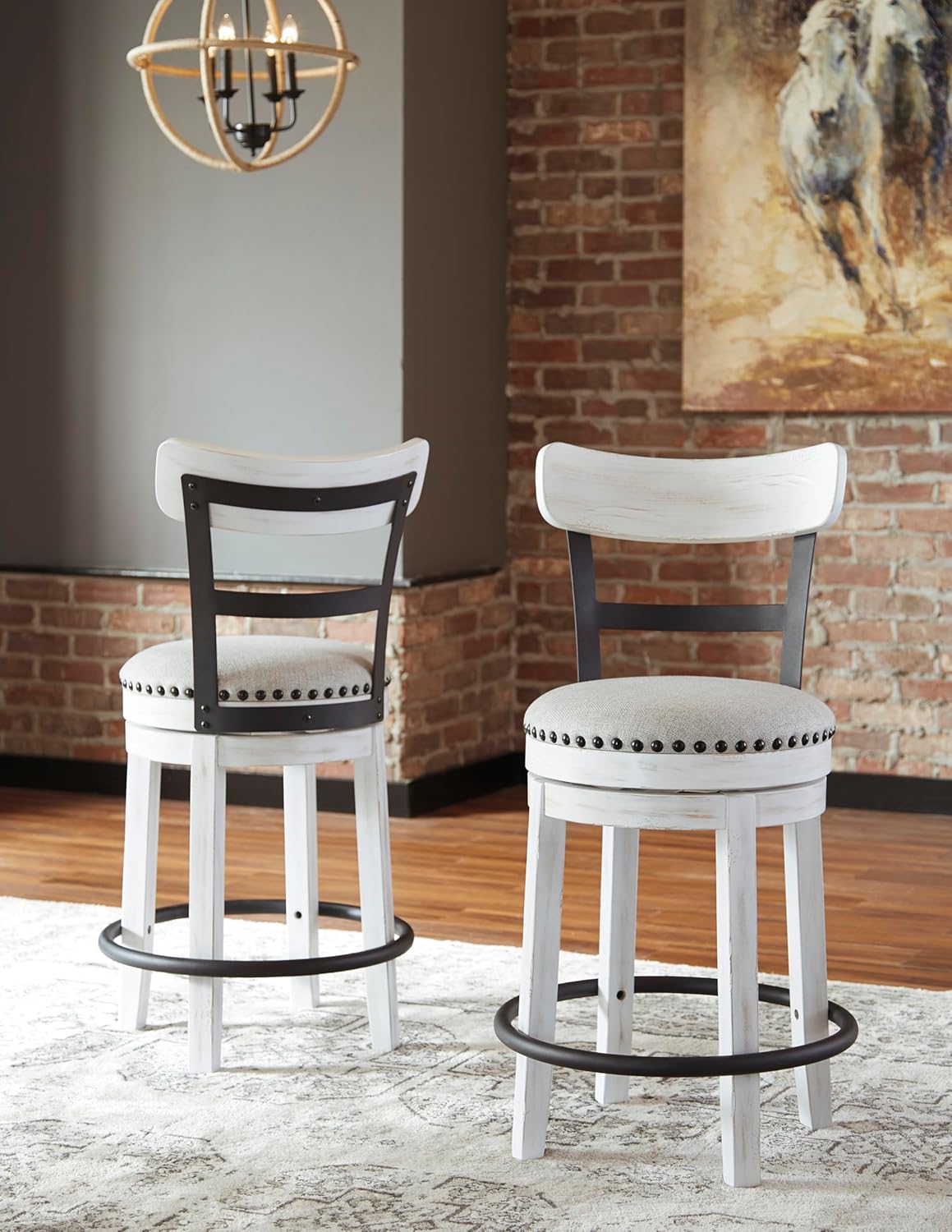 Counter Height Rustic Farmhouse Swivel Bar Stool with Upholstered Linen Seat, Vintage White Wood & Black Metal Frame, Nailhead Trim, 360-Degree Swivel Kitchen Stool