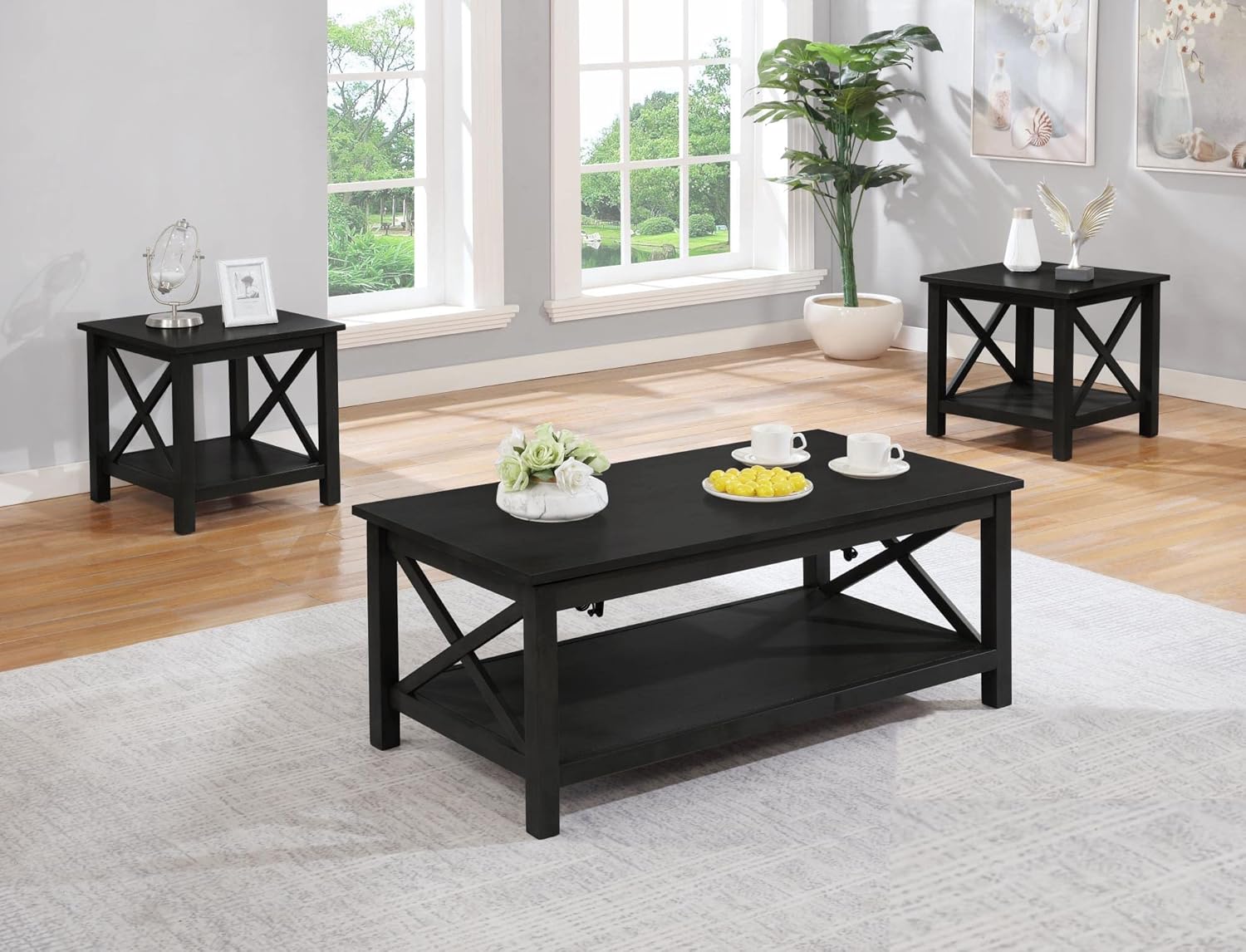 Lift Top Coffee Table and End Table Set, End Tables Living Room Set of 2 with Coffee Table (Black)