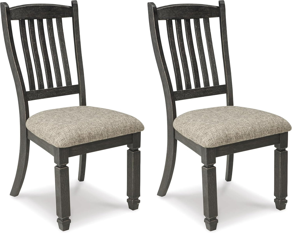 Set of 2 Urban Farmhouse Upholstered Dining Chairs, Black Wood Slat Back Chairs with Cushioned Seat, Textured Finish Solid Wood Kitchen & Dining Room Chairs, Gray Brown Fabric