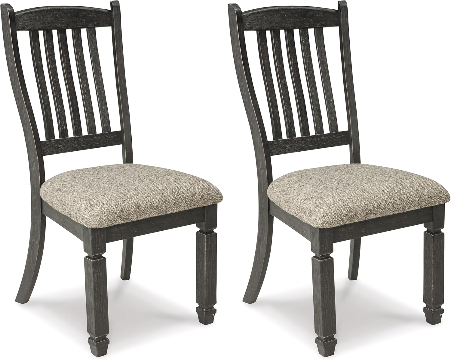 Set of 2 Urban Farmhouse Upholstered Dining Chairs, Black Wood Slat Back Chairs with Cushioned Seat, Textured Finish Solid Wood Kitchen & Dining Room Chairs, Gray Brown Fabric