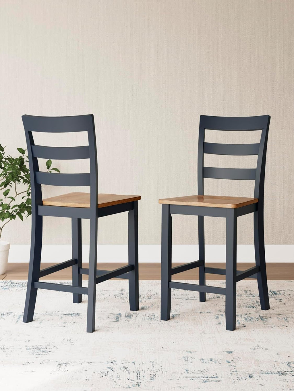 Set of 2 Counter Height Bar Stools, Solid Wood Ladder Back Barstools with Contoured Seat, Two-Tone Natural Mango Wood & Dark Blue Finish, Farmhouse Kitchen Island Dining Stools