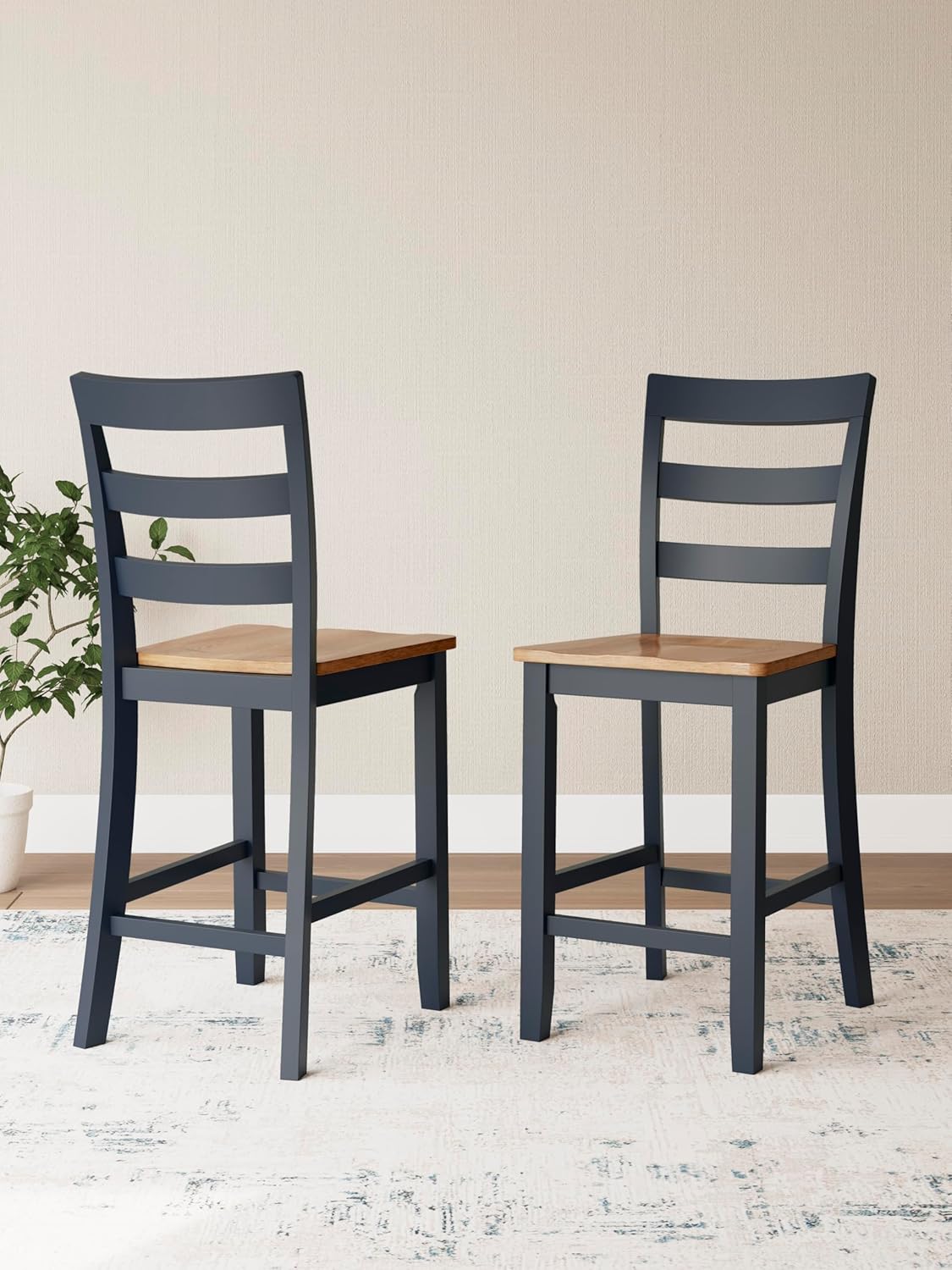 Set of 2 Counter Height Bar Stools, Solid Wood Ladder Back Barstools with Contoured Seat, Two-Tone Natural Mango Wood & Dark Blue Finish, Farmhouse Kitchen Island Dining Stools