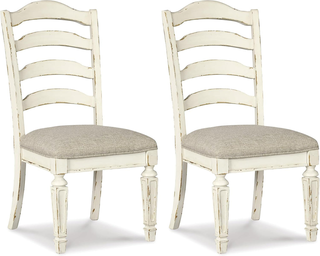 Set of 2 French Country Ladderback Dining Chairs, Distressed White Wood Finish, Upholstered Cushioned Seat, Farmhouse Cottage Kitchen Chairs