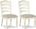 Set of 2 French Country Ladderback Dining Chairs, Distressed White Wood Finish, Upholstered Cushioned Seat, Farmhouse Cottage Kitchen Chairs