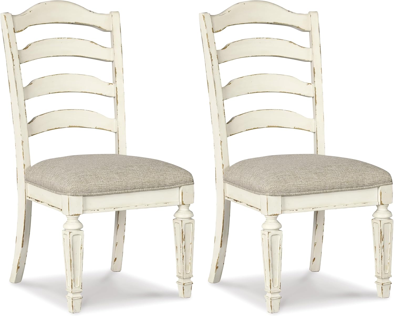 Set of 2 French Country Ladderback Dining Chairs, Distressed White Wood Finish, Upholstered Cushioned Seat, Farmhouse Cottage Kitchen Chairs