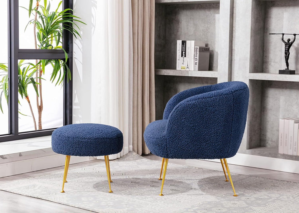 Accent Chairs for Living Room with Ottoman, Faux Sherpa Upholstered and Golden Metal Legs (Navy Blue)