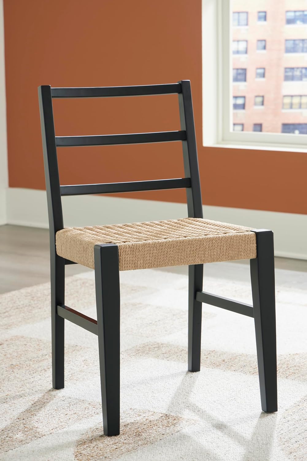 Set of 2 Modern Dining Chairs, Solid Wood Frame with Matte Black Finish & Woven Rattan Seat, Natural Contemporary Kitchen & Dining Room Side Chairs