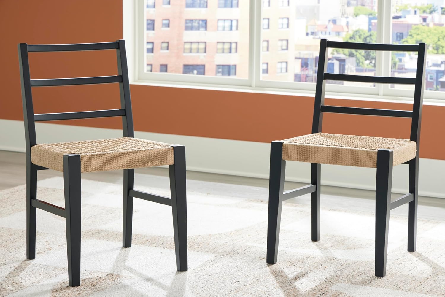 Set of 2 Modern Dining Chairs, Solid Wood Frame with Matte Black Finish & Woven Rattan Seat, Natural Contemporary Kitchen & Dining Room Side Chairs