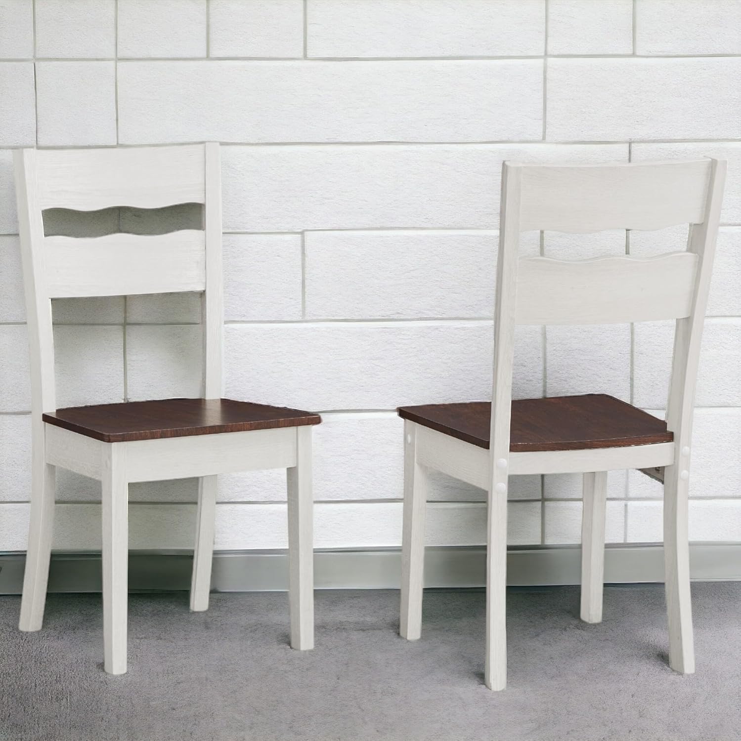 Wood Farmhouse Dining Chairs, Set of 4 Dining Room Chairs with Solid Rubber Wood Legs, Two Tone White/Brown (White/Brown, Set of 4)