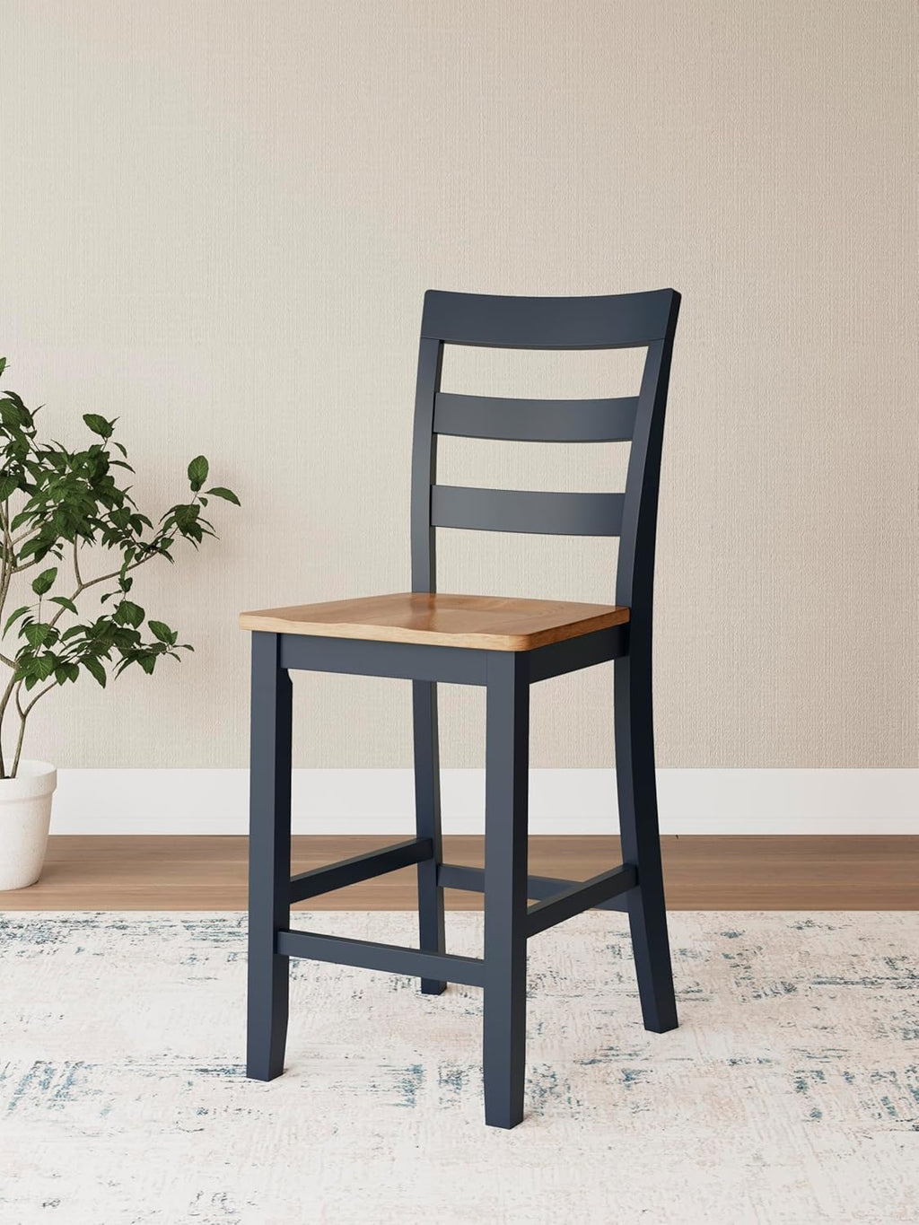 Set of 2 Counter Height Bar Stools, Solid Wood Ladder Back Barstools with Contoured Seat, Two-Tone Natural Mango Wood & Dark Blue Finish, Farmhouse Kitchen Island Dining Stools