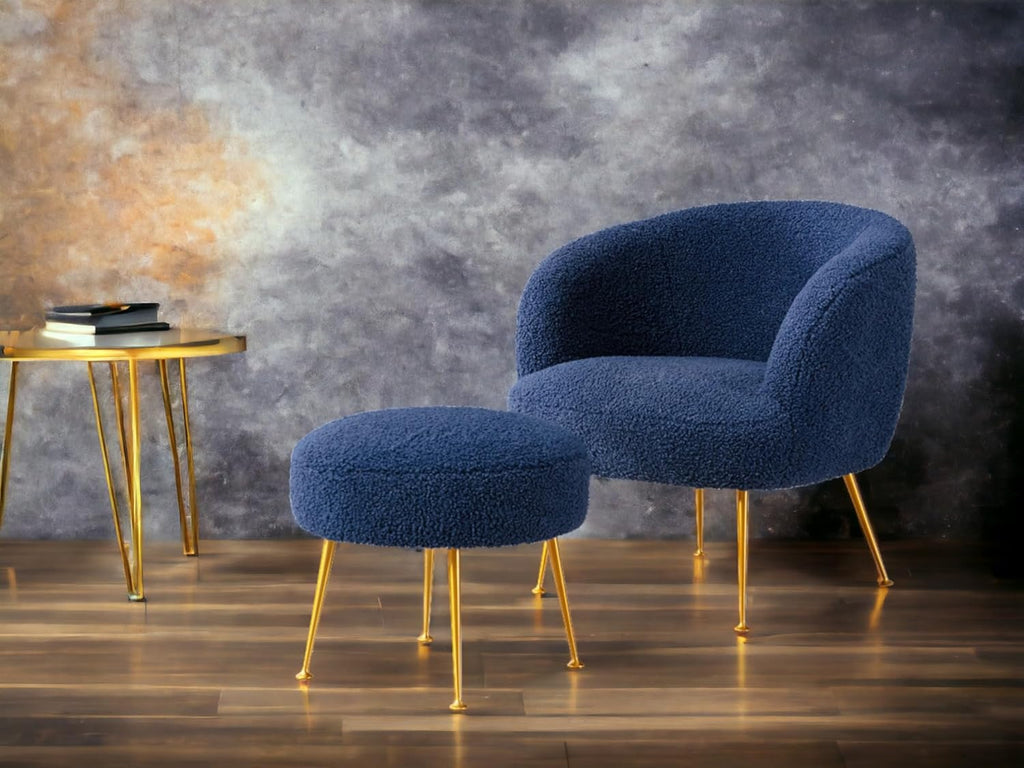 Accent Chairs for Living Room with Ottoman, Faux Sherpa Upholstered and Golden Metal Legs (Navy Blue)