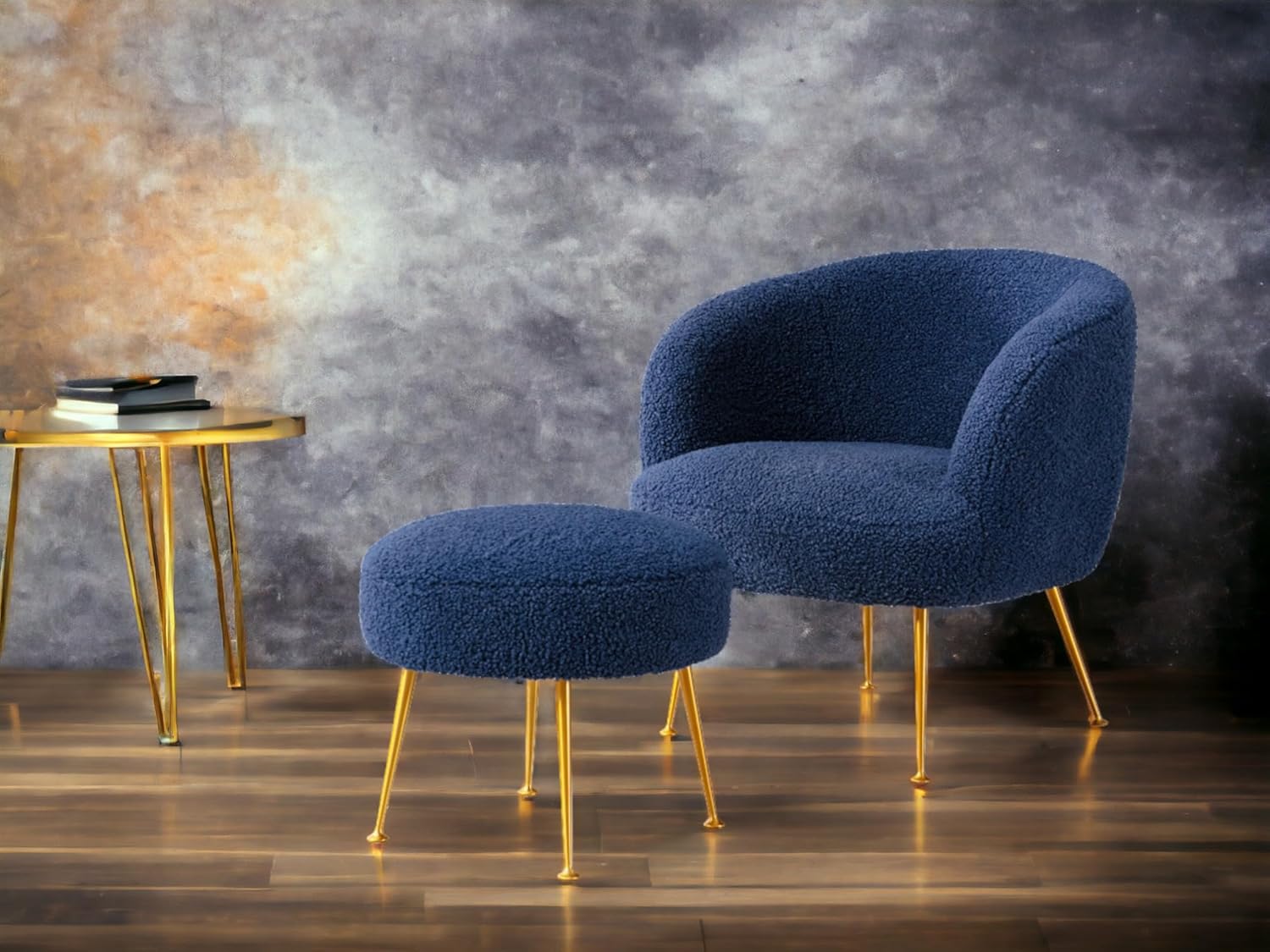Accent Chairs for Living Room with Ottoman, Faux Sherpa Upholstered and Golden Metal Legs (Navy Blue)