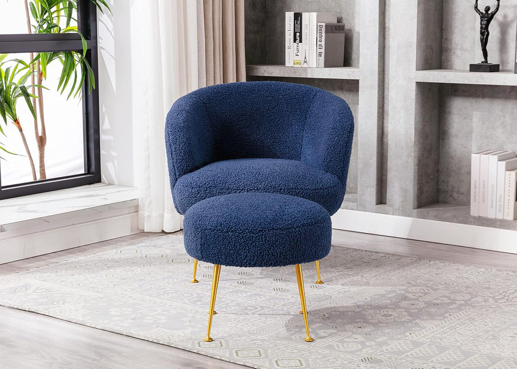 Accent Chairs for Living Room with Ottoman, Faux Sherpa Upholstered and Golden Metal Legs (Navy Blue)