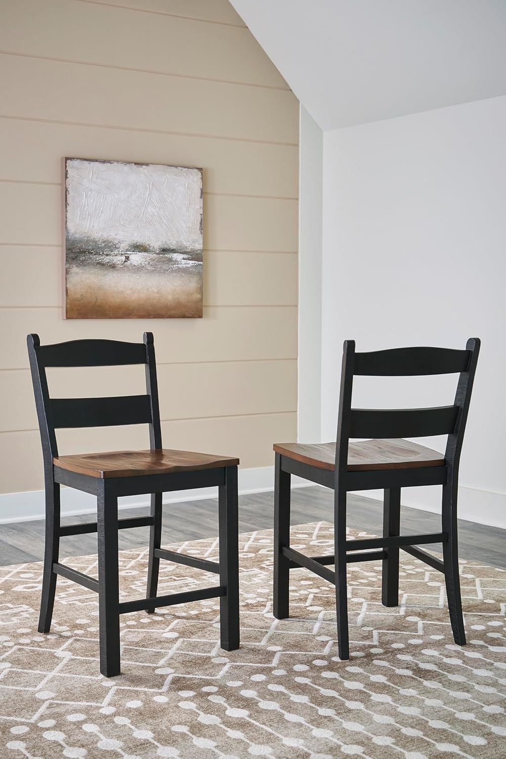 Set of 2 Rustic Cottage Counter Height Bar Stools, Two-Tone Wood Barstool Chairs with Contoured Seat, Distressed Black Frame & Brown Pine Seat, Farmhouse Kitchen Island Seating