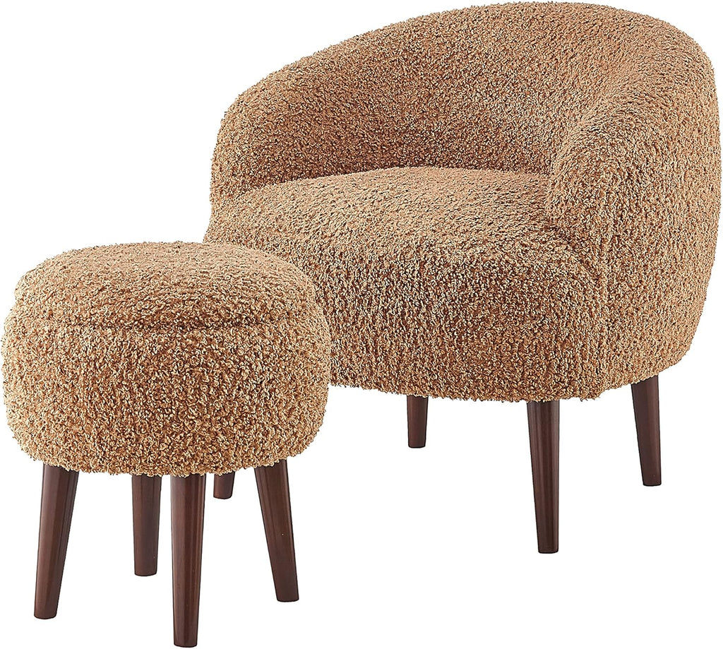 Accent Barrel Chair with Ottoman, Modern Accent Chair with Ottoman Set for Living Room, Armchair with Ottoman for Bedroom (Light Brown)