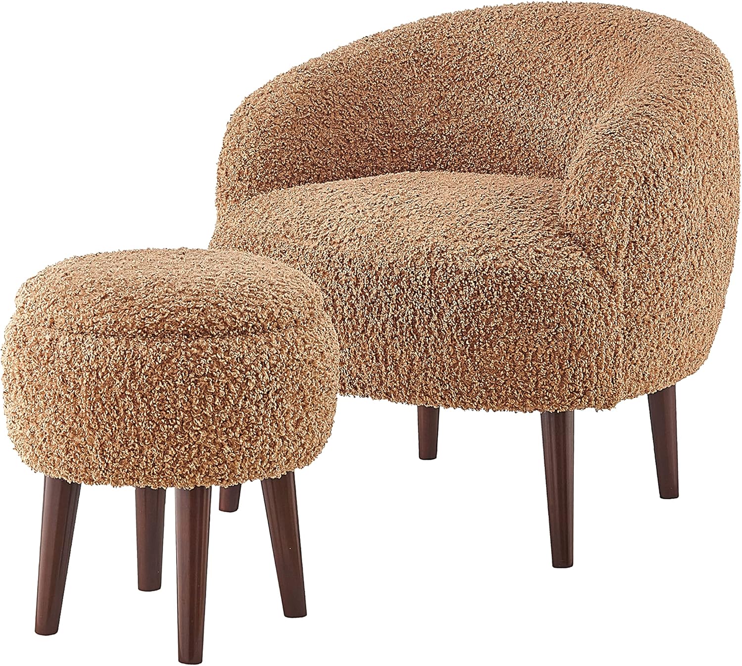 Accent Barrel Chair with Ottoman, Modern Accent Chair with Ottoman Set for Living Room, Armchair with Ottoman for Bedroom (Light Brown)