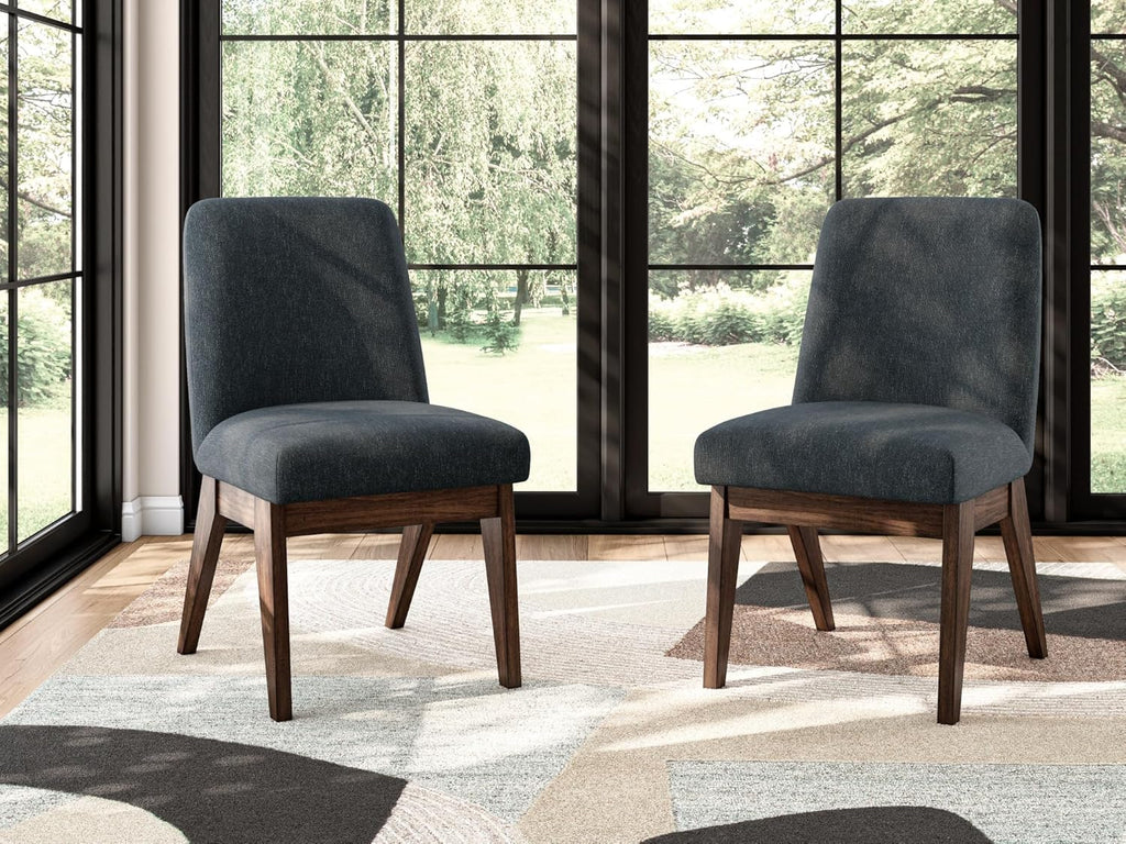 Set of 2 Contemporary Upholstered Bucket Dining Chairs, Warm Brown Wood Finish, Black Textured Chenille Fabric, Mid-Century Modern Dining Room Accent Chairs