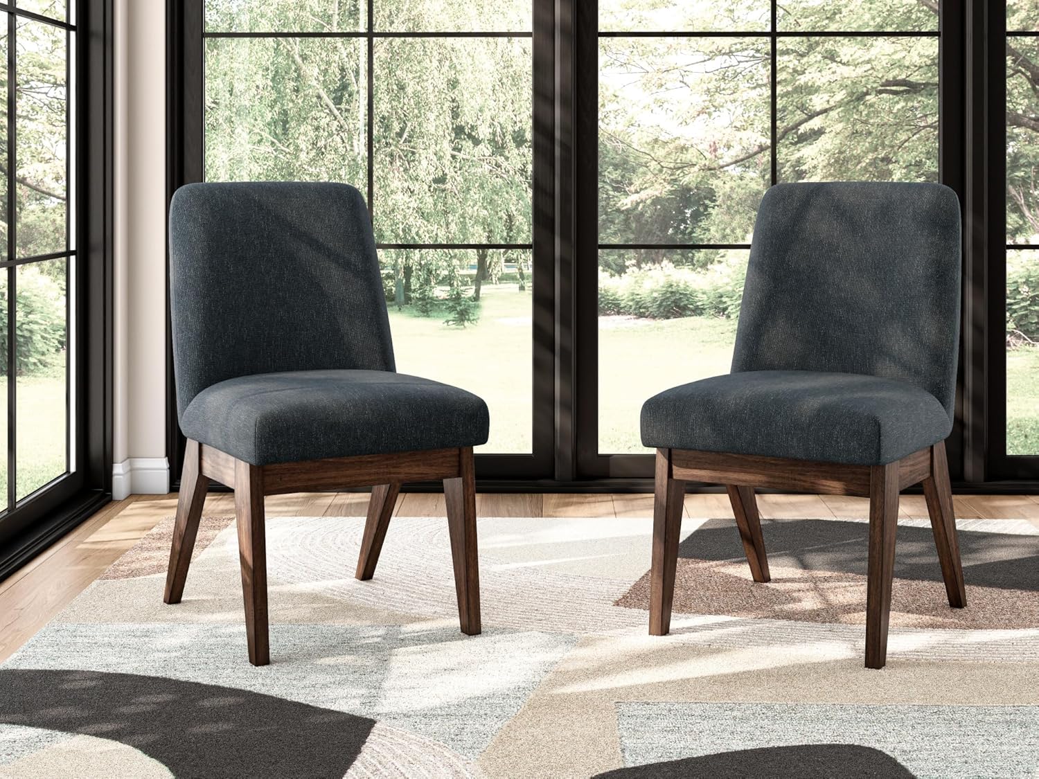 Set of 2 Contemporary Upholstered Bucket Dining Chairs, Warm Brown Wood Finish, Black Textured Chenille Fabric, Mid-Century Modern Dining Room Accent Chairs