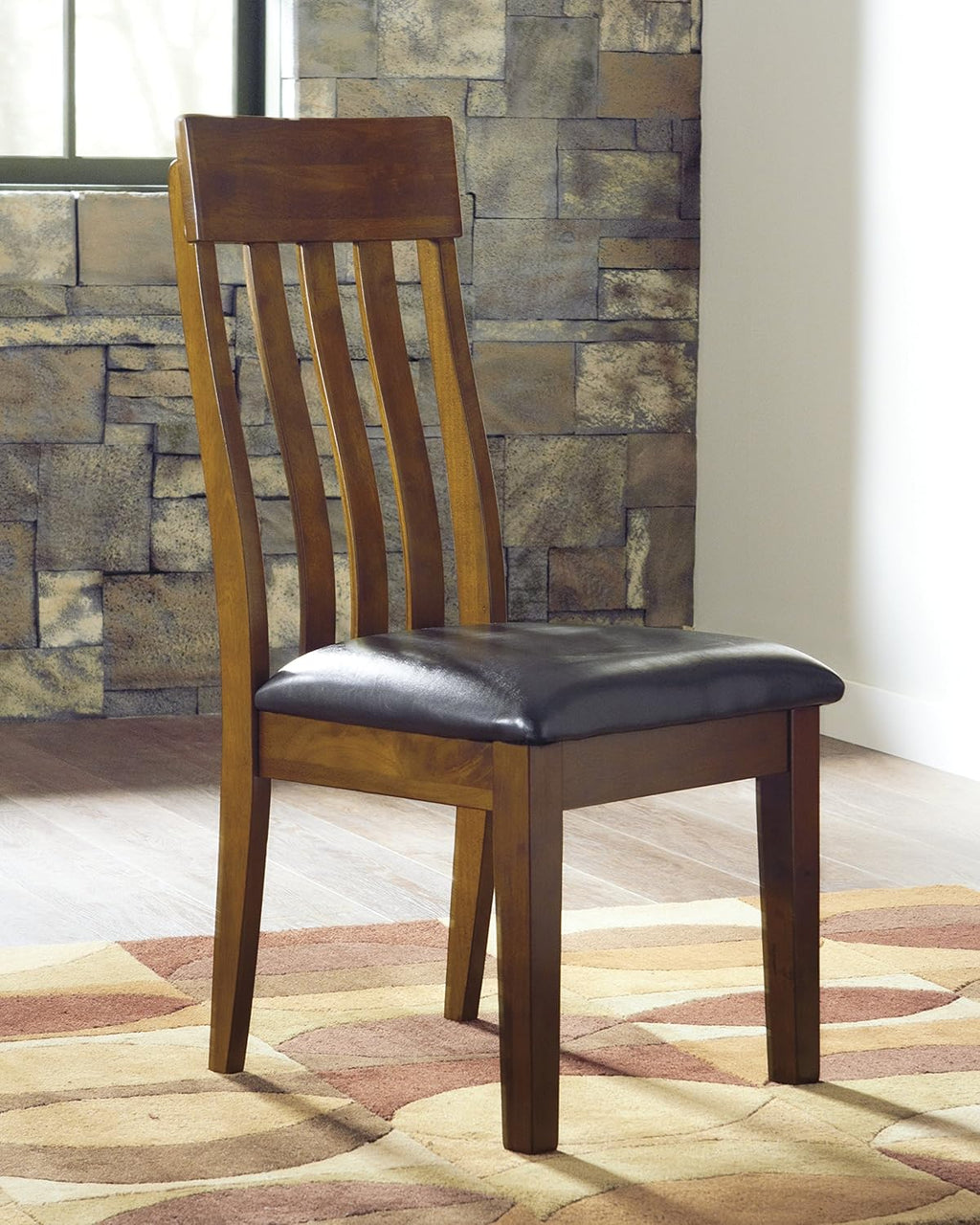 Set of 2 Rustic Farmhouse Dining Chairs, Upholstered Faux Leather Seat, Dark Brown Wood Side Chairs with Rake Back Design, Cushioned Kitchen & Dining Room Chairs