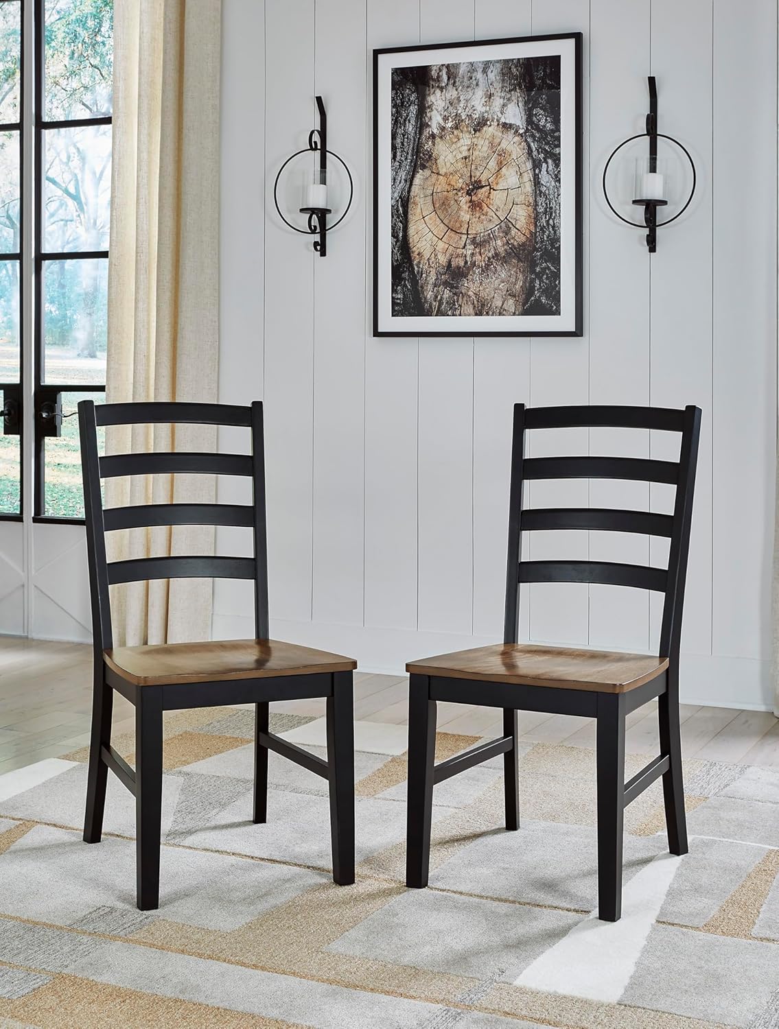 Set of 2 Modern Farmhouse Dining Side Chairs, Two-Tone Wood Seat & Black Frame, Ladderback Design, Solid Wood Construction, Contoured Seat for Kitchen Dining Room