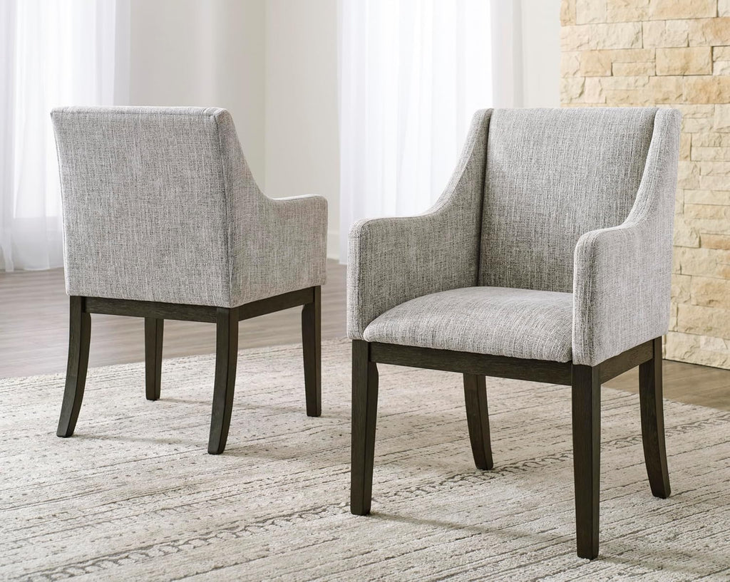 Set of 2 Contemporary Upholstered Dining Chairs with Slope Arms, Dark Brown Oak Finish Wood Frame, Tweed Fabric Cushion, Modern Host Side Chairs for Dining Room Kitchen Living Room