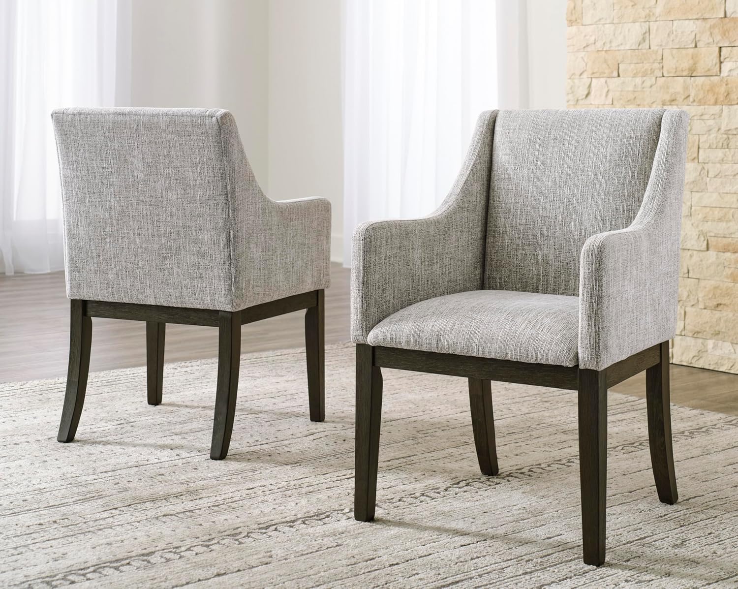 Set of 2 Contemporary Upholstered Dining Chairs with Slope Arms, Dark Brown Oak Finish Wood Frame, Tweed Fabric Cushion, Modern Host Side Chairs for Dining Room Kitchen Living Room